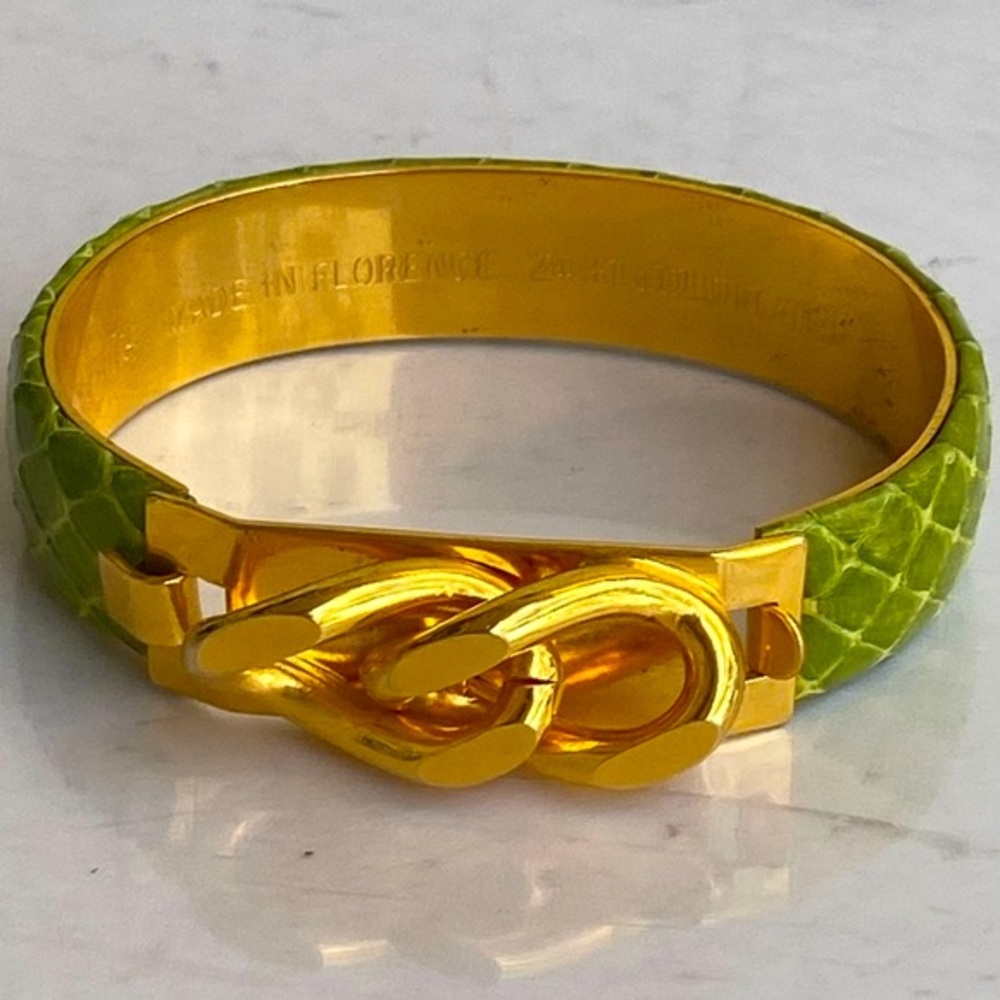 VITA bangle bracelet Florence Italy wide green leather & 24kt gold plated buckle